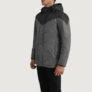 
Black & Grey Full-Grain Leather Hooded Jacket - Að aftan með nákvæmri axlasniði og hreinum fald