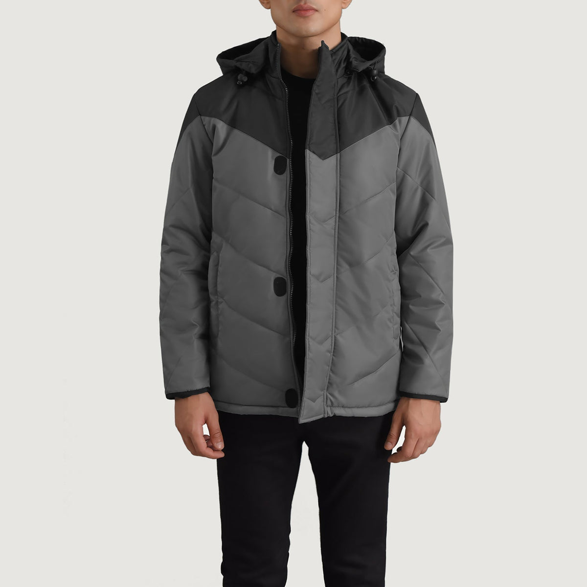 
Luka Svartur & Grey Hooded Puffer Leðurjakki fyrir Karla - Hliðarsýn með vinnuvistfræðilegu ermasniði