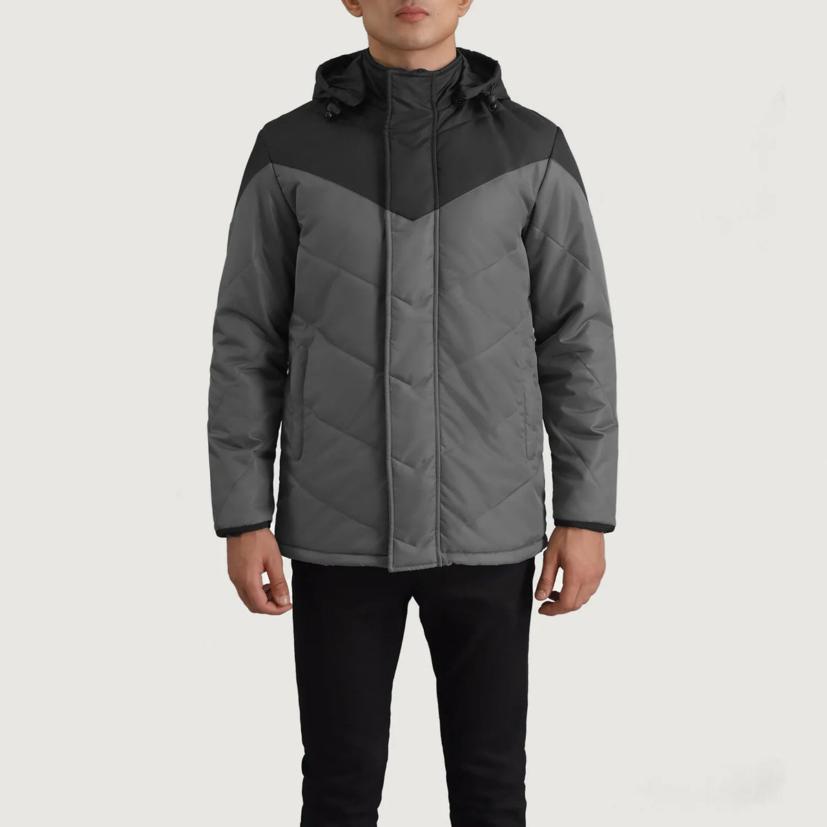 
Nærmynd of Classic Collar & Zipper With Velcro Placket Hardware on Luka Svartur & Grey Hooded Puffer Leðurjakki fyrir Karla