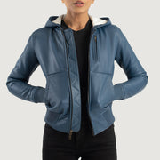 
Luna Blue Hooded Leather Bomber Jacket in Blue Sheepskin Leather - Að framan með sniðinni hönnun | Kaupa á netinu
