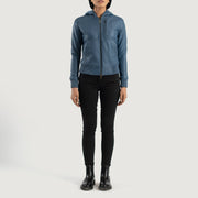 
Luna Blue Hooded Leather Bomber Jacket - Hliðarsýn með vinnuvistfræðilegu ermasniði