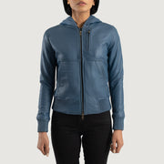 
Nærmynd of Hooded & Zipper Hardware on Luna Blue Hooded Leather Bomber Jacket