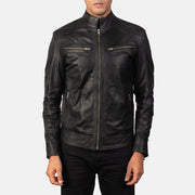 Close-Up Detail of Band &amp; Zipper Hardware on Men's Mack Black Leather Biker Jacket