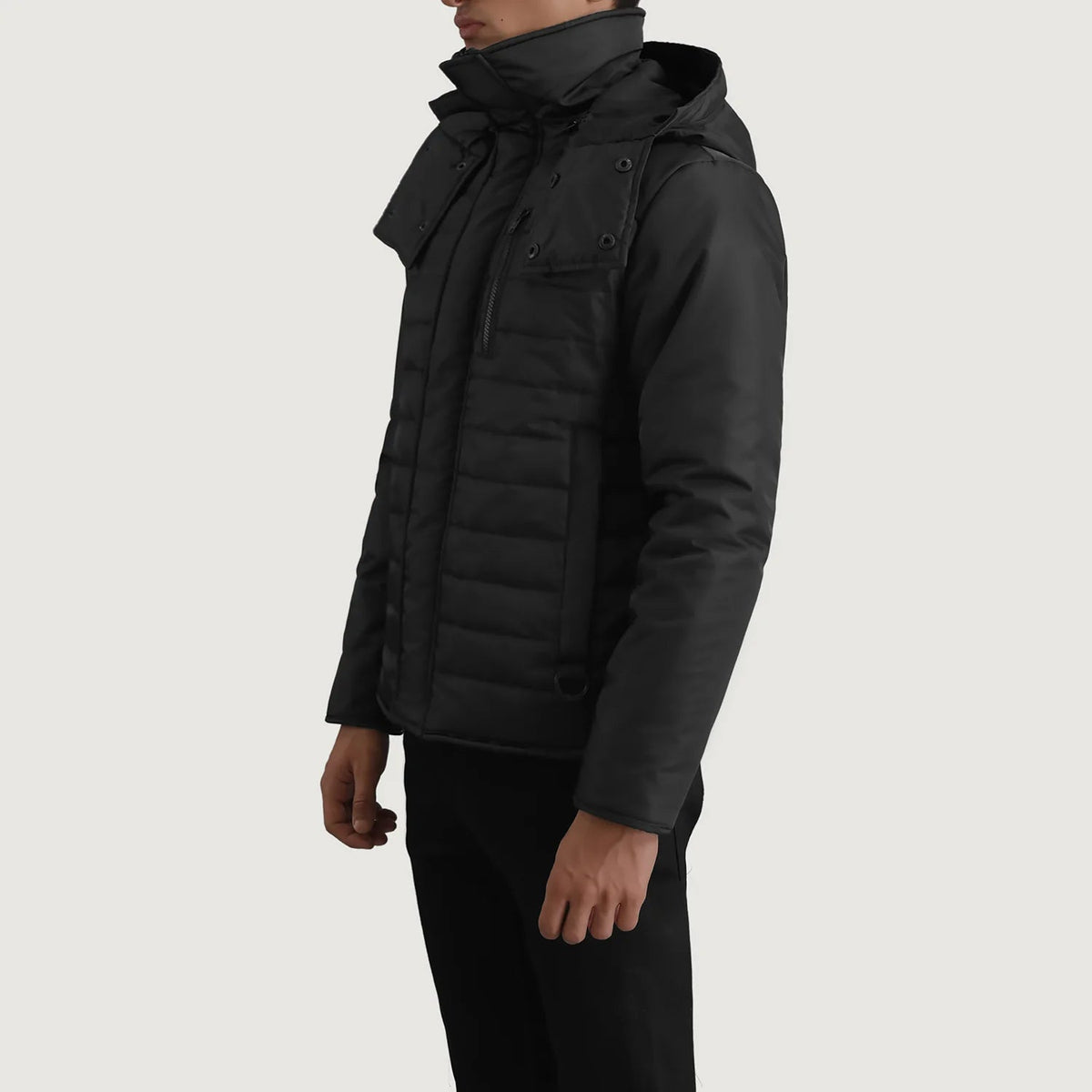 
Black Full-Grain Leather Hooded Jacket - Að aftan með nákvæmri axlasniði og hreinum fald