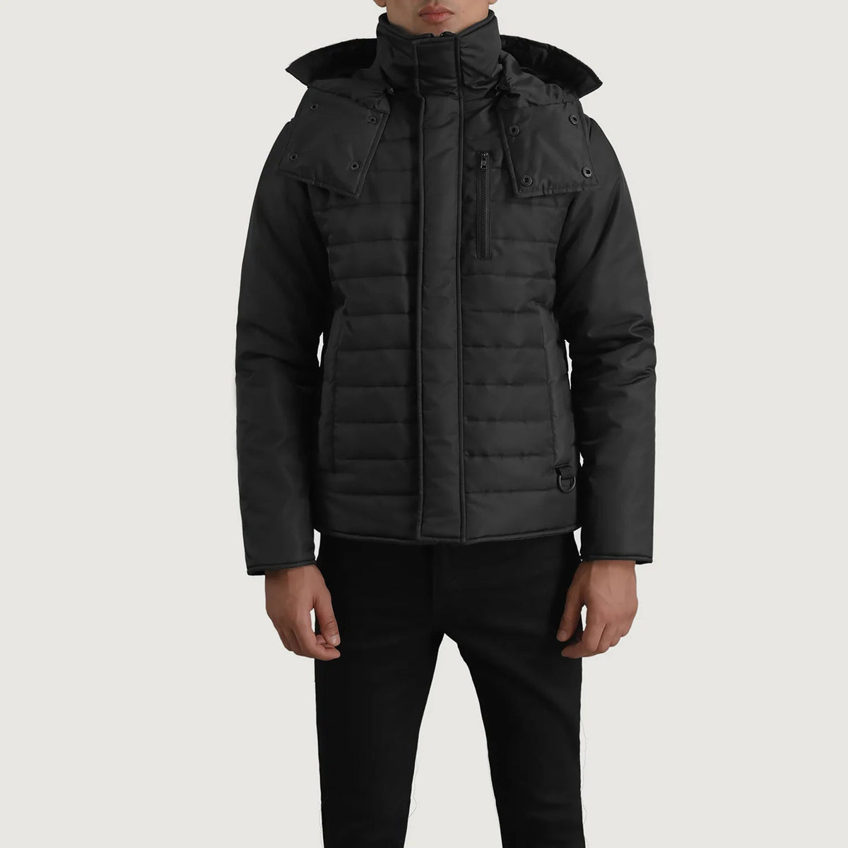 
Nærmynd of Classic Collar & Zipper With Placket Hardware on Malcolm Svartur Hooded Puffer Leðurjakki fyrir Karla