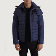 
Malcolm Blár Hooded Puffer Leðurjakki fyrir Karla in Blue Full-Grain Leather - Að framan með sniðinni hönnun | Kaupa á netinu