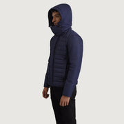 
Blue Full-Grain Leather Hooded Jacket - Að aftan með nákvæmri axlasniði og hreinum fald