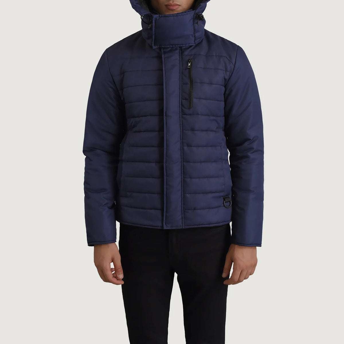 
Nærmynd of Classic Collar & Zipper With Placket Hardware on Malcolm Blár Hooded Puffer Leðurjakki fyrir Karla