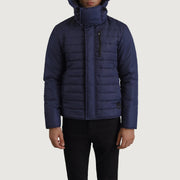 
Nærmynd of Classic Collar & Zipper With Placket Hardware on Malcolm Blár Hooded Puffer Leðurjakki fyrir Karla