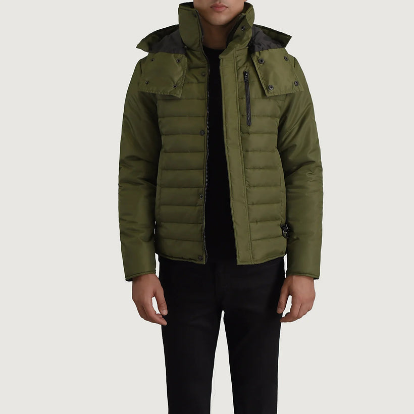 Malcolm Grænn Hooded Puffer Leðurjakki fyrir Karla