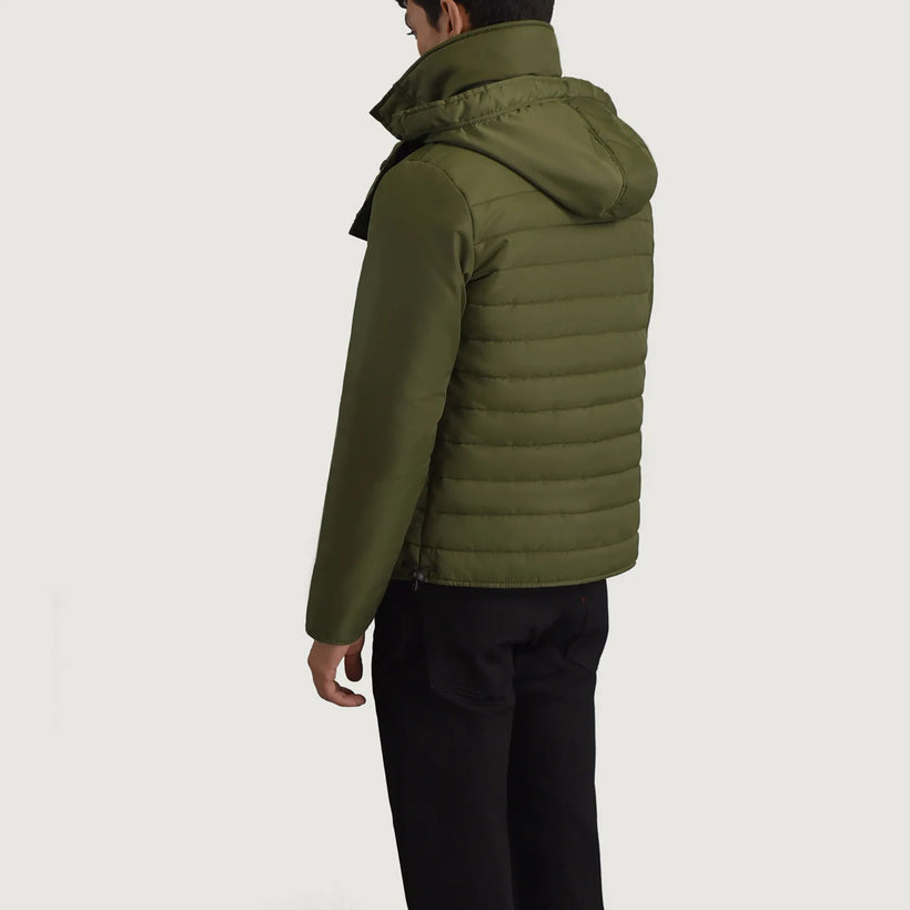 Malcolm Grænn Hooded Puffer Leðurjakki fyrir Karla