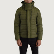 
Malcolm Grænn Hooded Puffer Leðurjakki fyrir Karla - Hliðarsýn með vinnuvistfræðilegu ermasniði