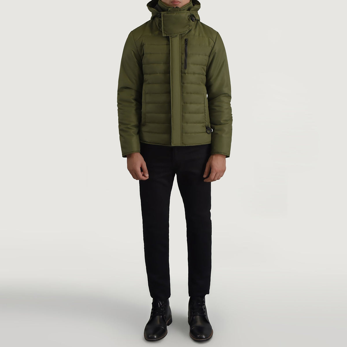 
Nærmynd of Classic Collar & Zipper With Placket Hardware on Malcolm Grænn Hooded Puffer Leðurjakki fyrir Karla