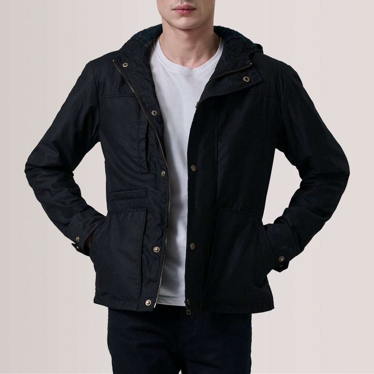 Marlo Black Canvas Hooded Work Jacket For Men in Black Waxed Cotton Canvas - Front Profile View &amp; Tailored Silhouette | Buy Online