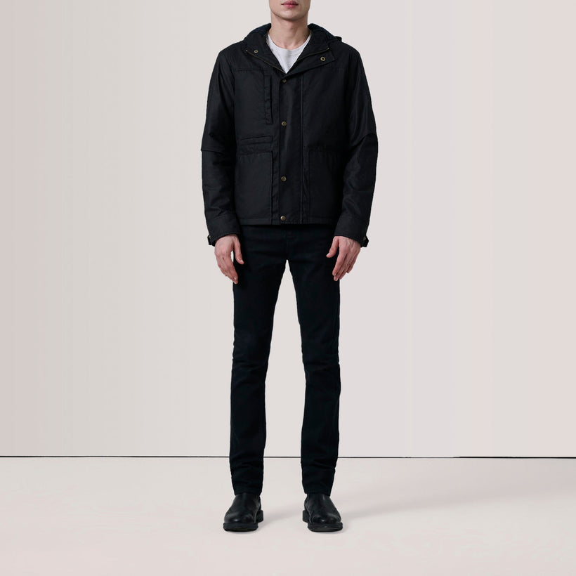 Marlo Svartur Canvas Hooded Work Leðurjakki fyrir karla