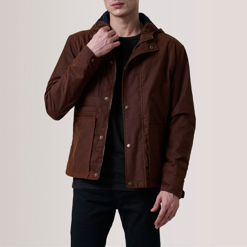 Marlo Brúnn Canvas Hooded Work Leðurjakki fyrir karla