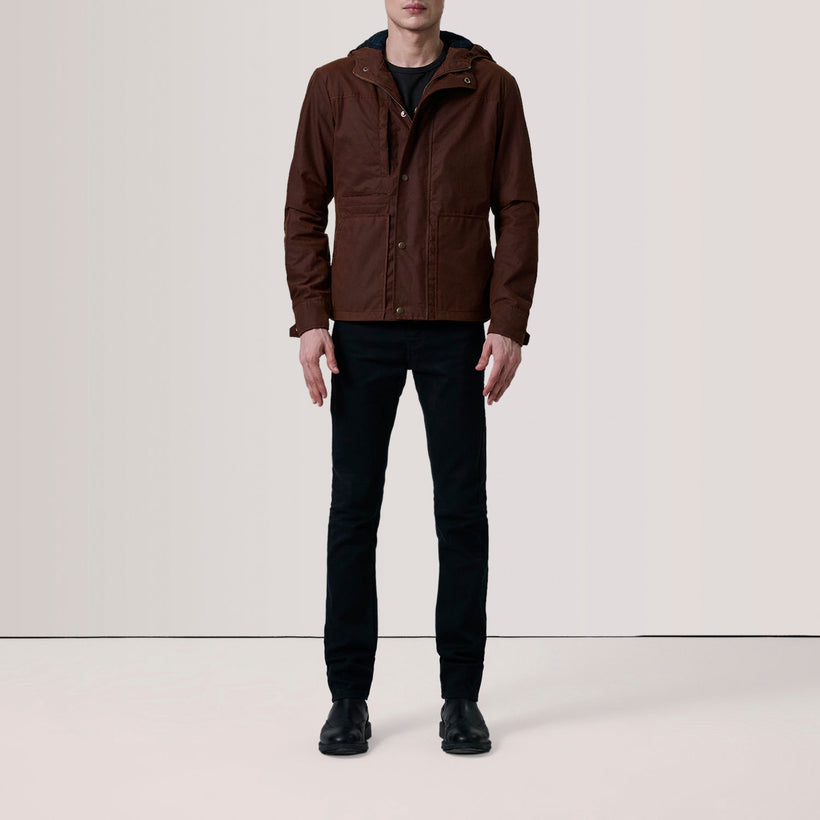 Marlo Brúnn Canvas Hooded Work Leðurjakki fyrir karla