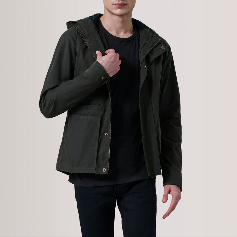 Marlo Olive Canvas Hooded Work Leðurjakki fyrir karla