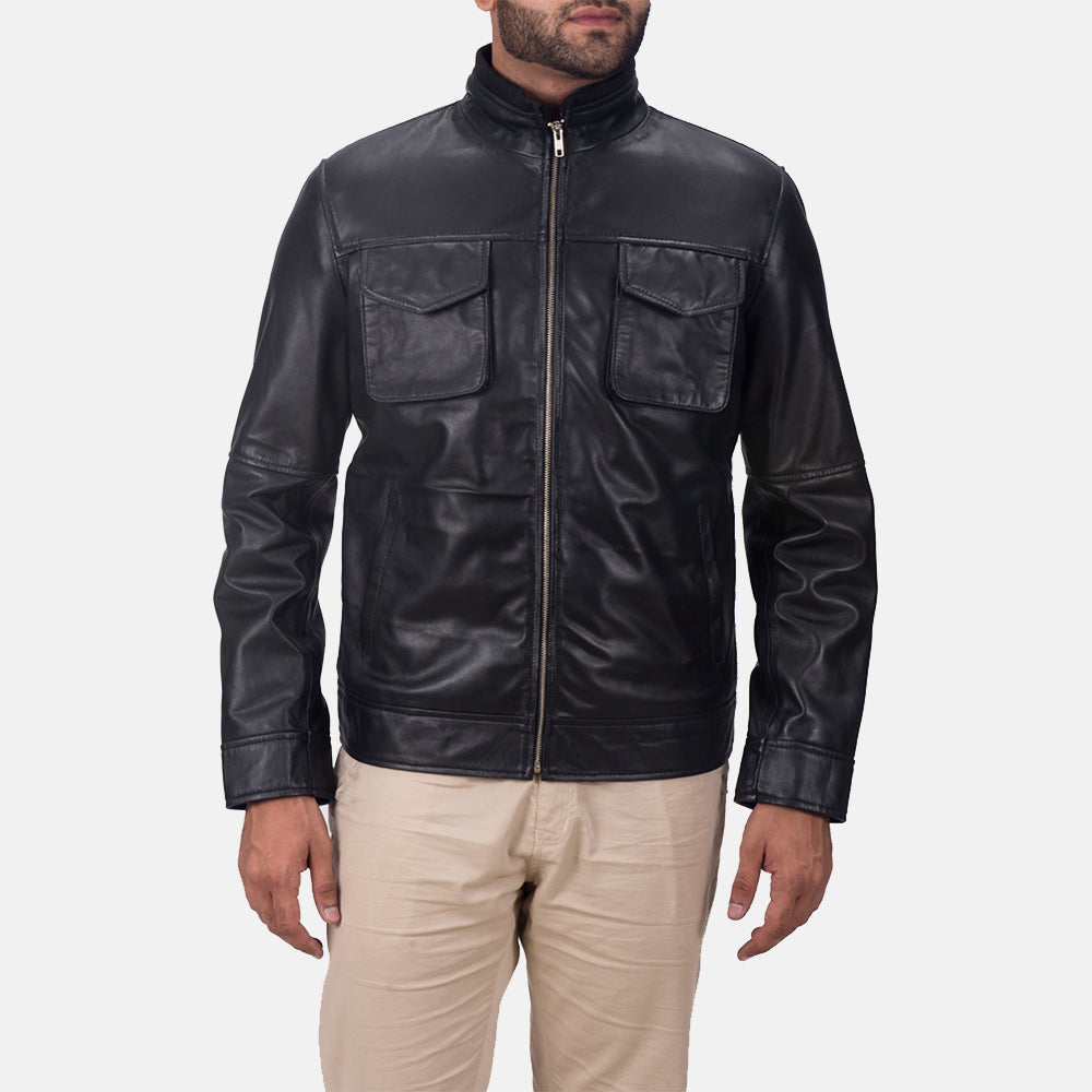 
Maurice Svartur Leðurjakki fyrir Karla in Black Sheepskin Leather - Að framan með sniðinni hönnun | Kaupa á netinu