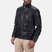 
Black Sheepskin leather Jacket - Að aftan með nákvæmri axlasniði og hreinum fald