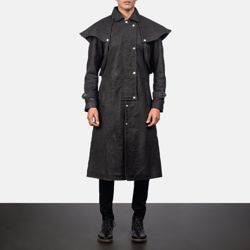 
Maverick Svartur Leather Duster fyrir Karla in Distressed Black Sheepskin Snuffed - Að framan með sniðinni hönnun | Kaupa á netinu