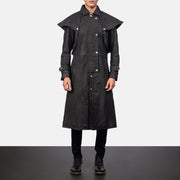 
Maverick Svartur Leather Duster fyrir Karla in Distressed Black Sheepskin Snuffed - Að framan með sniðinni hönnun | Kaupa á netinu