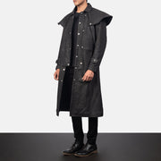 
Distressed Black Sheepskin Snuffed Trench Coat - Að aftan með nákvæmri axlasniði og hreinum fald