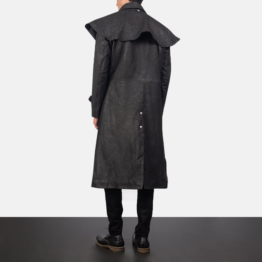 
Maverick Svartur Leather Duster fyrir Karla - Hliðarsýn með vinnuvistfræðilegu ermasniði