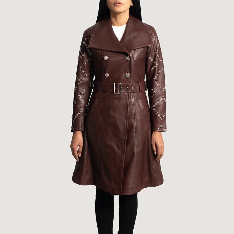Missoni Maroon Leather Trench Coat fyrir konur