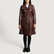 
Maroon Sheepskin Leather Trench Coat - Að aftan með nákvæmri axlasniði og hreinum fald