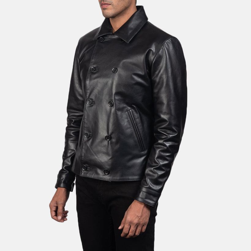 Mod Svartur Leather Peacoat fyrir karla