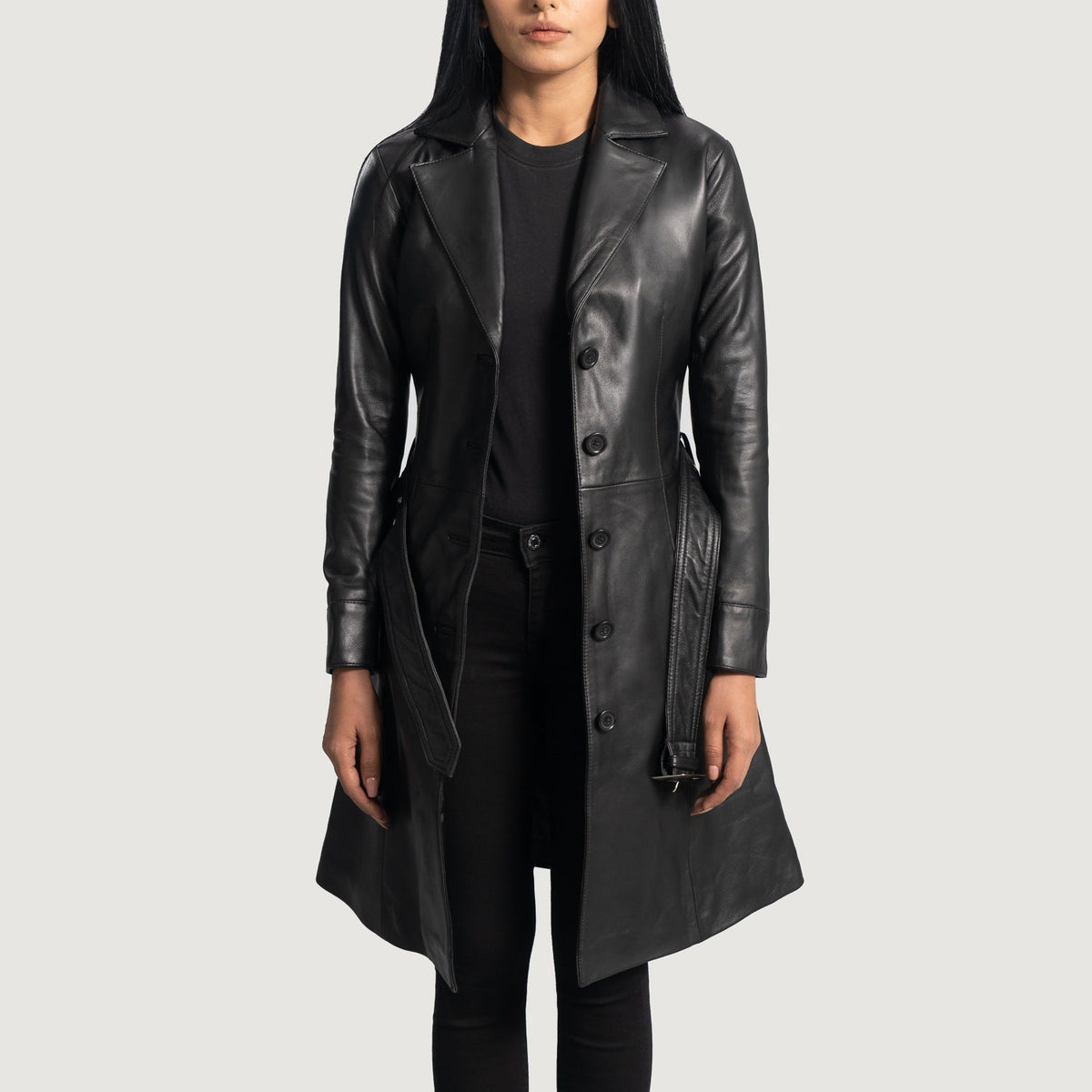 
Moonlight Svartur Leðurfrakki fyrir Konur in Black Sheepskin Leather - Að framan með sniðinni hönnun | Kaupa á netinu