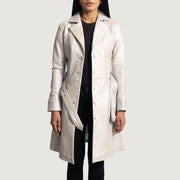 
Silver Sheepskin Leather Trench Coat - Að aftan með nákvæmri axlasniði og hreinum fald