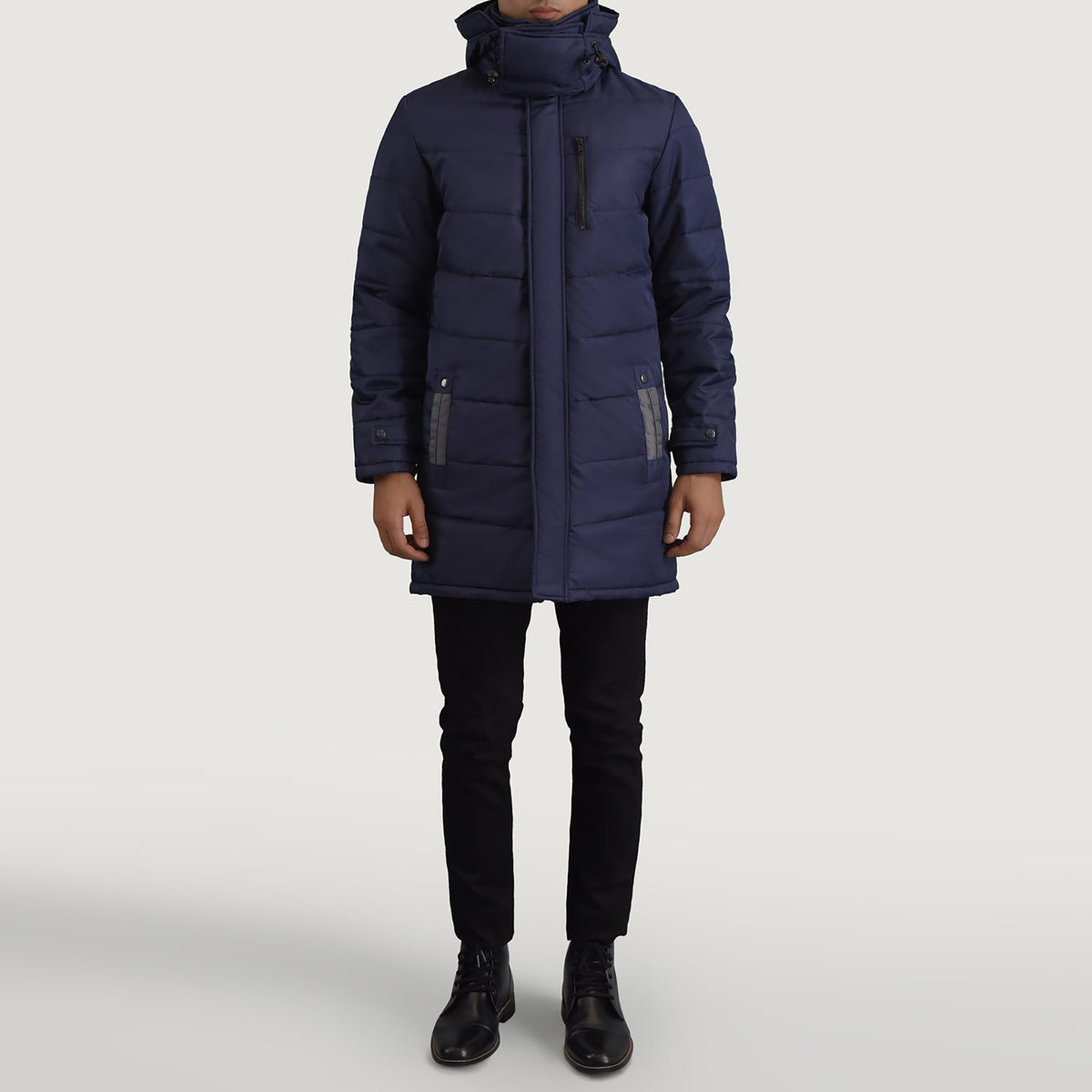 
Moore Blár Hooded Parka fyrir Karla - Hliðarsýn með vinnuvistfræðilegu ermasniði