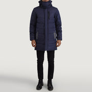 
Moore Blár Hooded Parka fyrir Karla - Hliðarsýn með vinnuvistfræðilegu ermasniði