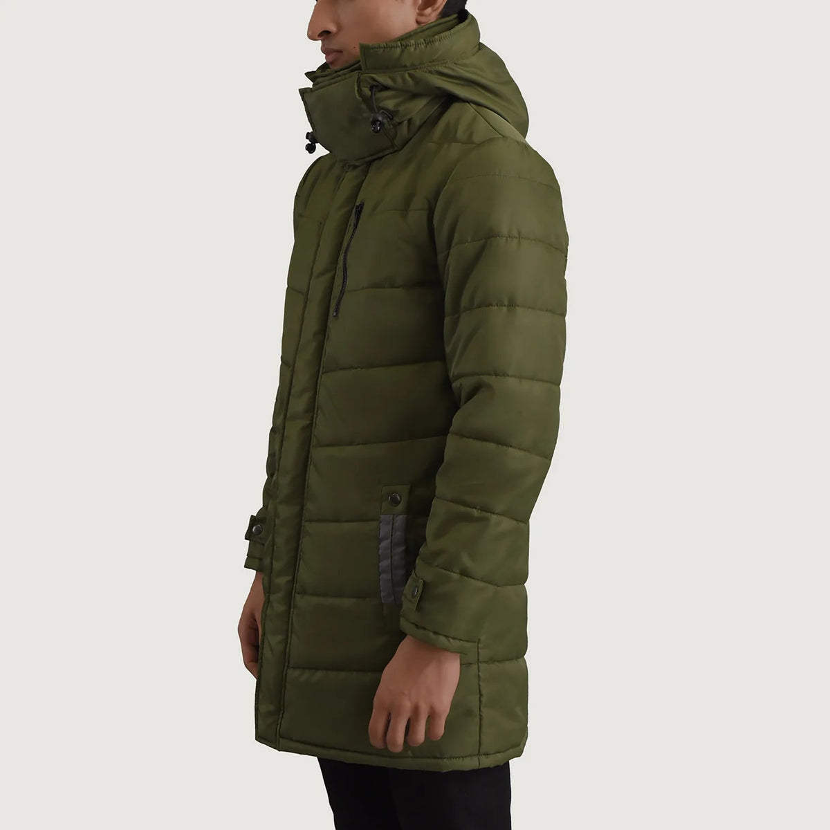
Green Full-Grain Leather Hooded Jacket - Að aftan með nákvæmri axlasniði og hreinum fald