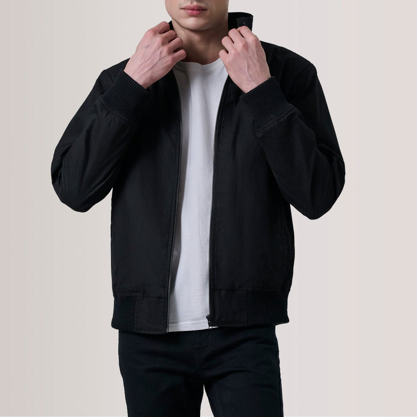 Morrison Svartur Canvas Bomber jakki úr leðri fyrir karla