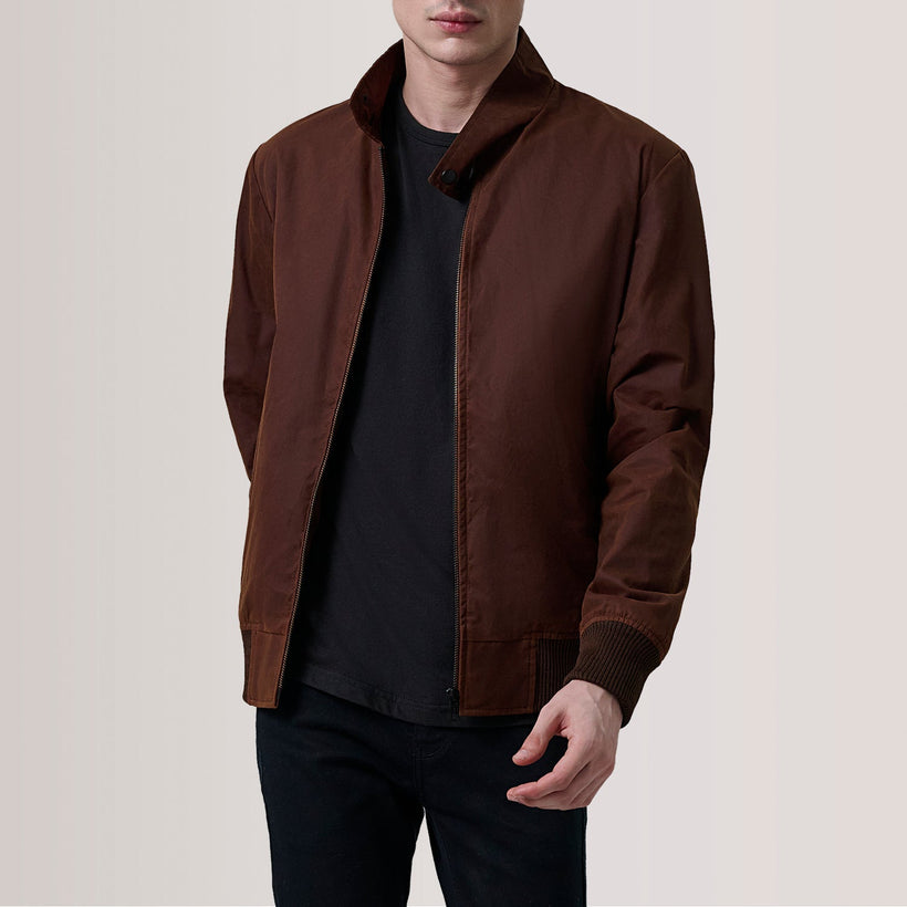 Morrison Brúnn Canvas Bomber jakki úr leðri fyrir karla
