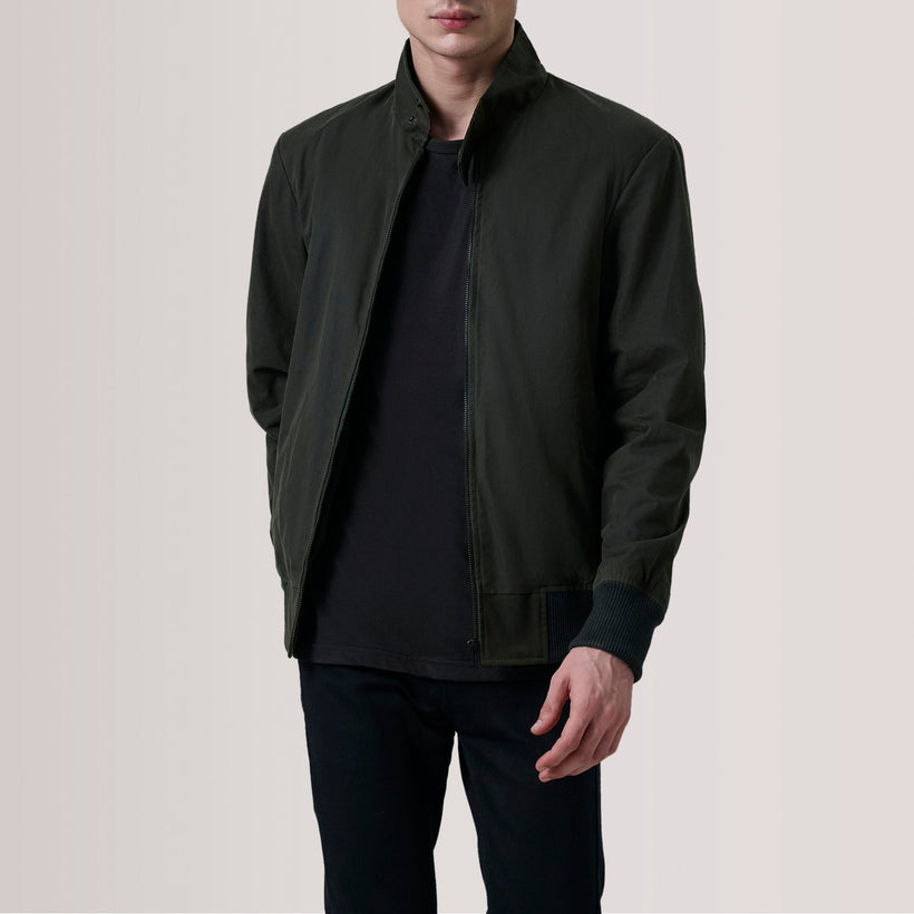 Morrison Olive Canvas Bomber jakki úr leðri fyrir karla
