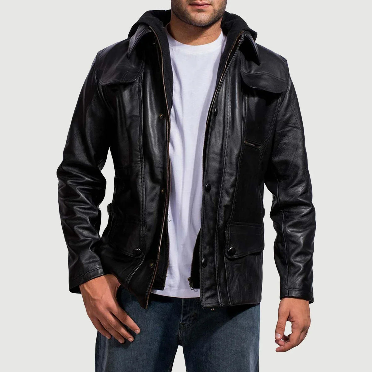 
Moulder Hooded Svartur Leðurjakki fyrir Karla in Black Cowhide Leather - Að framan með sniðinni hönnun | Kaupa á netinu