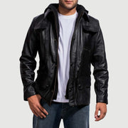 
Moulder Hooded Svartur Leðurjakki fyrir Karla in Black Cowhide Leather - Að framan með sniðinni hönnun | Kaupa á netinu