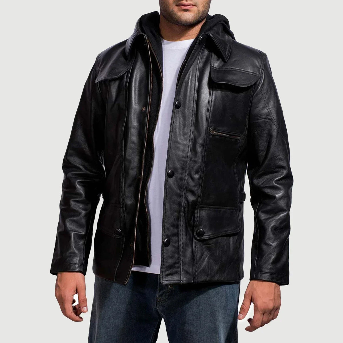
Black Cowhide Leather Hooded Jacket - Að aftan með nákvæmri axlasniði og hreinum fald