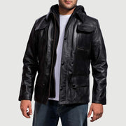 
Black Cowhide Leather Hooded Jacket - Að aftan með nákvæmri axlasniði og hreinum fald