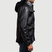 
Nærmynd of Shirt & Zipper with Button Flap Hardware on Moulder Hooded Svartur Leðurjakki fyrir Karla