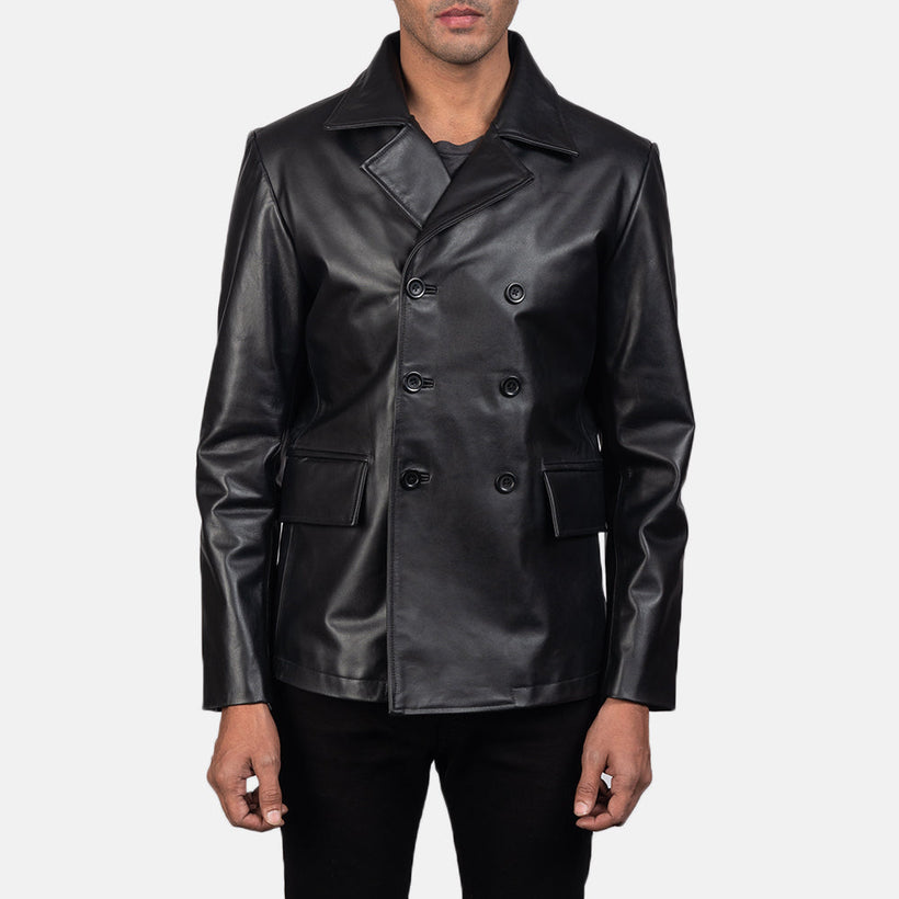 Mr. Bailey Svartur Leather Naval Peacoat fyrir karla