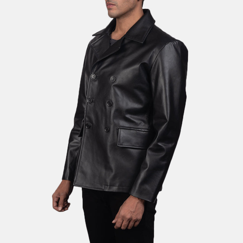 Mr. Bailey Svartur Leather Naval Peacoat fyrir karla
