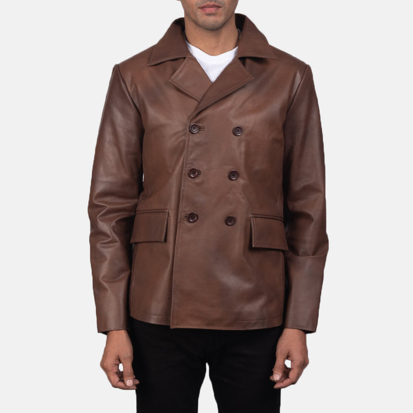 Mr. Bailey Brúnn Leather Naval Peacoat fyrir karla