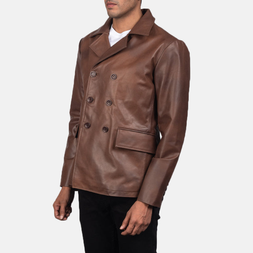 Mr. Bailey Brúnn Leather Naval Peacoat fyrir karla