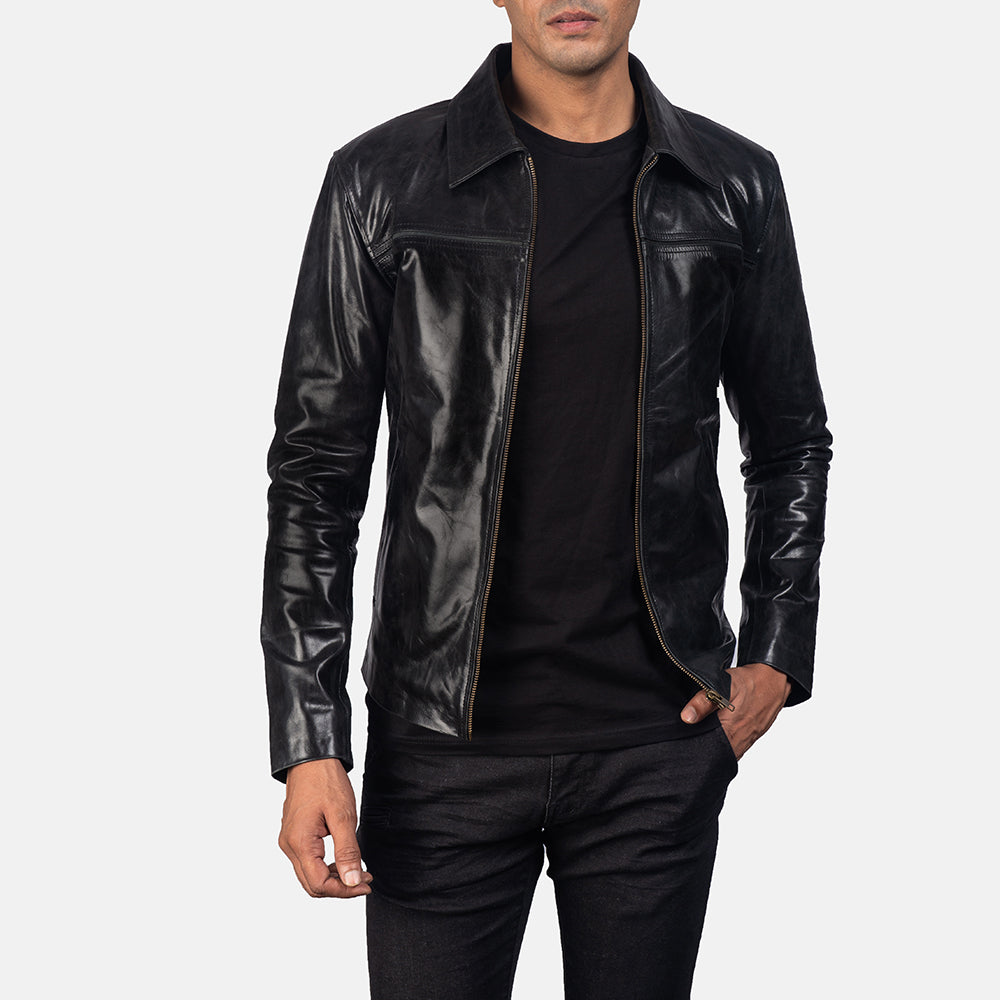 Men's Mystical Black Leather Jacket in Black Cowhide Leather - Front Profile View & Tailored Silhouette | Buy Online