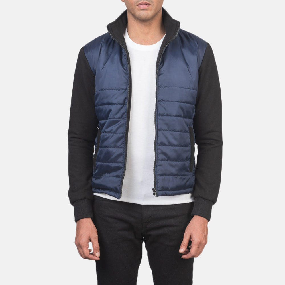 
Nashville Rimlaskorinn Blár Windbreaker Leðurjakki fyrir Karla in Blue & Black Nylon (Torso) &Amp; Knitted Fabric (Sleeves) - Að framan með sniðinni hönnun | Kaupa á netinu